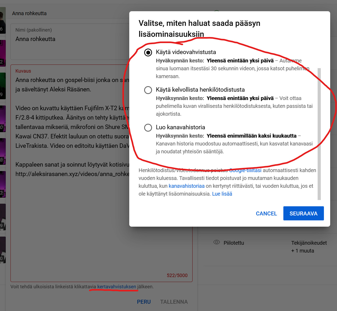 YouTube user validation window